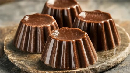 A selection of artisanal dark chocolate ravioli candies. Handmade and rich, they are a delightful indulgence.