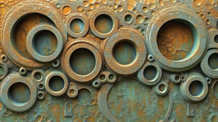 A design featuring a textured pattern of overlapping circles in a rusted metal style.