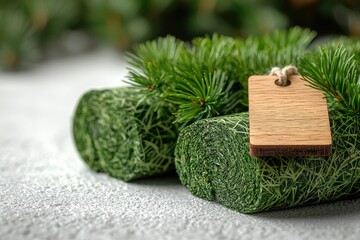 Sustainable gift concept: rolled grass, pine branches, and wooden tag on neutral background