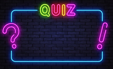 Neon quiz screen with question and exclamation marks on dark wall background
