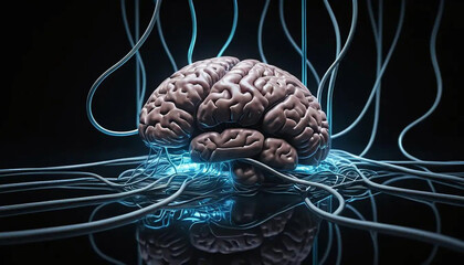  Digital neural network shaped like a human brain, electric pulses flowing through, on a dark cyberpunk background, 3D render, vibrant futuristic colors.