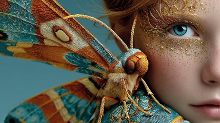 Obraz premium A close-up of a child's face adorned with a butterfly on its body and gold glitter on its wings
