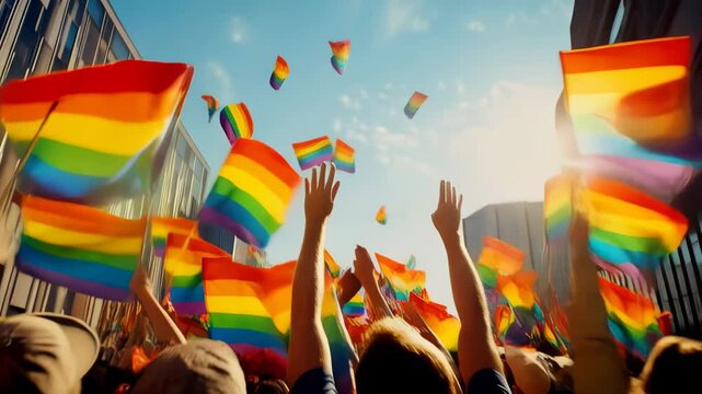 Energetic crowd of diverse people celebrating lgbtq pride, waving colorful rainbow flags during summer pride parade in urban city center with joyful atmosphere of unity and acceptance
