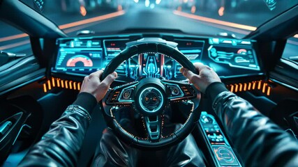 Pov view of hands of driver holding wheel and windshield, dashboard inside futuristic sports car at night. Concept of drive, interior, road, steering, display. - Powered by Adobe
