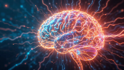  Digital neural network shaped like a human brain, electric pulses flowing through, on a dark cyberpunk background, 3D render, vibrant futuristic colors.
