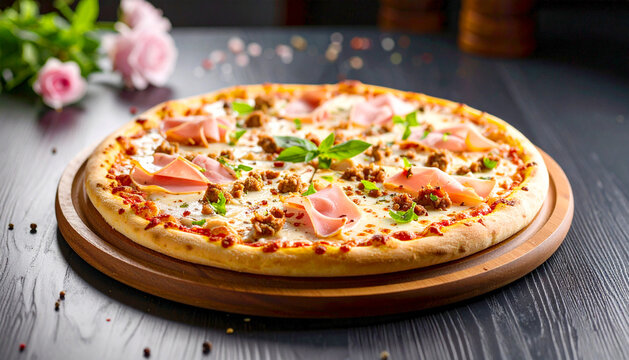 Delicious beef and ham pizza on wooden plate. AI