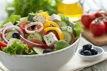 Fresh Greek salad with feta cheese tomatoes cucumbers olives and bell peppers in a white bowl healthy Mediterranean cuisine