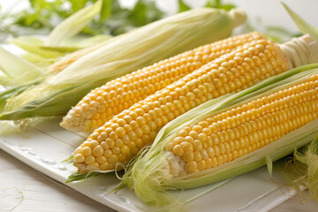 Fresh corn on the cob displayed on a white plate a healthy and delicious summer vegetable