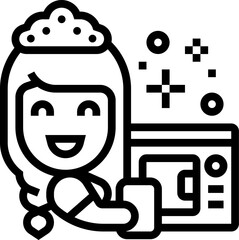 Smiling woman cleaning a computer screen with a cloth in a bright office, showcasing cleanliness and technology in a modern workplace.