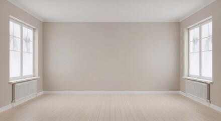 Empty room with two white radiators under windows. Modern interior design and central heating system concept. Residential space background.