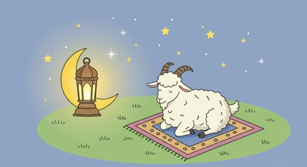 A sheep sits calmly on a colorful carpet under a crescent moon and twinkling stars