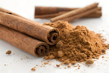 Cinnamon sticks and a pile of ground cinnamon powder on a white surface.