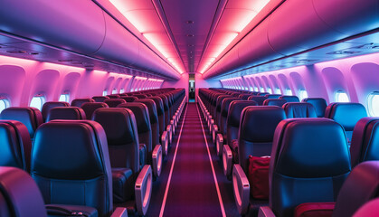 Fototapeta premium Stylish and modern airplane interior with empty rows of black leather seats under vibrant pink and blue lighting, travel concept of airline services or travel agencies