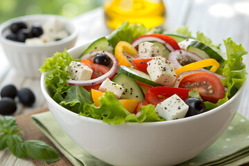 Fresh Greek salad with feta cheese colorful vegetables and olives in a white bowl healthy Mediterranean diet