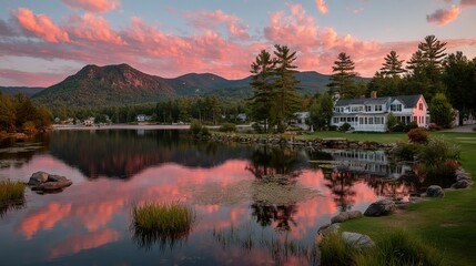 Obraz premium A house rests beside a lake's edge, where distant sunset colors the sky and towering mountains frame the scene
