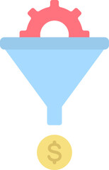 Funnel transforms data into money with a gear on top, representing process optimization and financial gain in a clean and modern style.