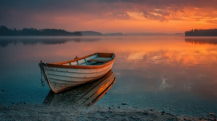 Naklejka premium A boat floats on water beneath a cloudy sky during sunset