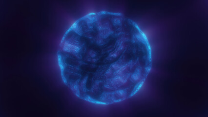 A glowing blue sphere with fluid textures, appearing as an abstract cosmic orbi in deep space