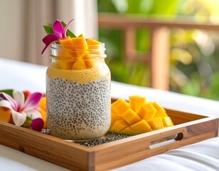 Mango chia pudding on a tray
