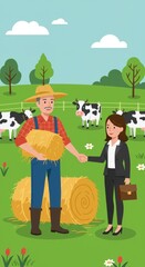 A farmer in traditional attire shakes hands with a business executive on a sunny farm