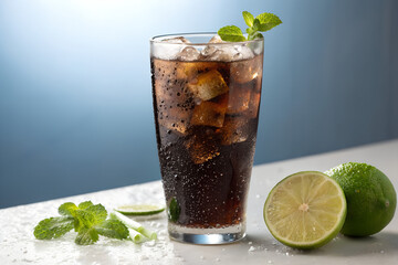 Refreshing Cuba Libre cocktail with ice, lime, and mint garnish.