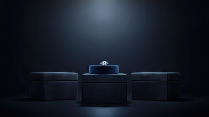 Dark presentation of a small, dark blue velvet jewelry box.