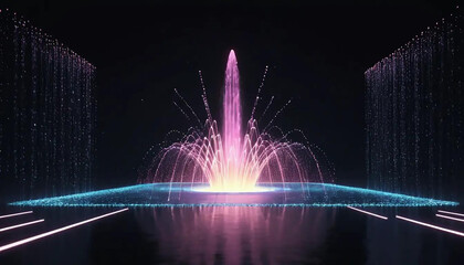 Electric fountain shooting glowing particles into geometric shapes midair futuristic animation.