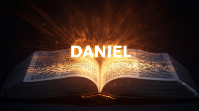 Open Holy Bible Book with Glowing Word Daniel