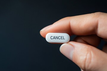 Hand Holding a White Capsule with the Word "CANCEL" on a Dark Background, Close-Up Shot.