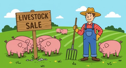 A farmer stands beside a sign indicating a livestock sale surrounded by pigs on a sunny day