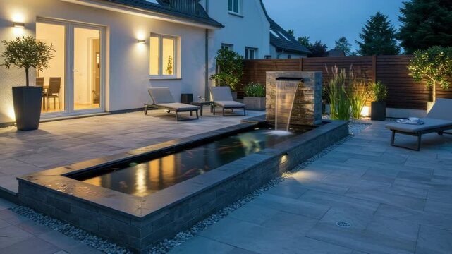 Modern patio water feature at night