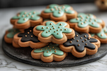 Decorated star-shaped cookies with green and black icing on a plate