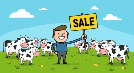 Farmer cheerfully holds a sale sign while surrounded by cows in a lush green landscape