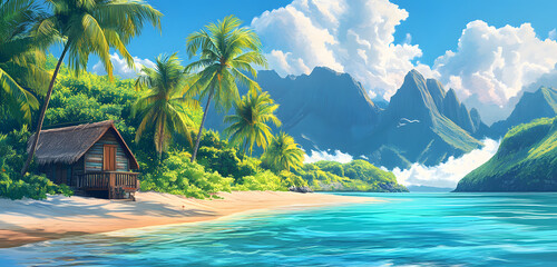 Naklejka premium Idyllic tropical island with charming hut nestled amongst palm trees. Sparkling turquoise ocean meets sandy beach. Towering mountains rise under blue sky. Travel, vacation, exotic getaway destination.