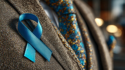 Blue ribbon pin on lapel with liver-shaped foliage, symbolizing hope and awareness for World Hepatitis Day