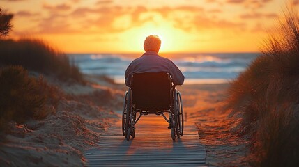 Person in wheelchair enjoying sunset beach