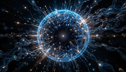 Fractal orb with shifting circuits and light fractals orbiting a black digital void.