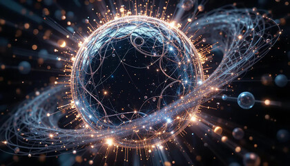 Fractal orb with shifting circuits and light fractals orbiting a black digital void.