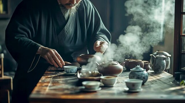 Traditional chinese tea ceremony unfolding in dimly lit wooden interior, seasoned tea master carefully brewing and serving gongfu cha with meditative precision and cultural authenticity