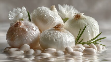   A cluster of onions rests together atop a rain-drenched table with pebbles scattered around