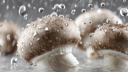   A cluster of mushrooms perched atop a moist table, their caps glistening with water droplets