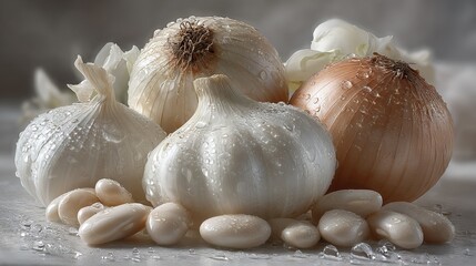   A cluster of onions arranged beside one another atop a wet table surface