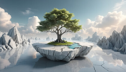 Solitary tree atop floating cracked island, serene lake reflection, majestic snow-capped mountains, dreamy ethereal landscape.