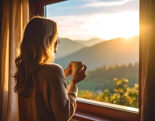 Woman enjoying coffee at sunrise