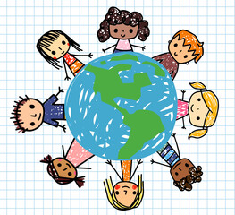 Cute vector kids around a drawing of the Earth, Doodle stick figures - boys and girls with different skin tones for Children's Day or Earth Day