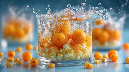   A glass of oranges sits beside a mound of oranges on a blue countertop