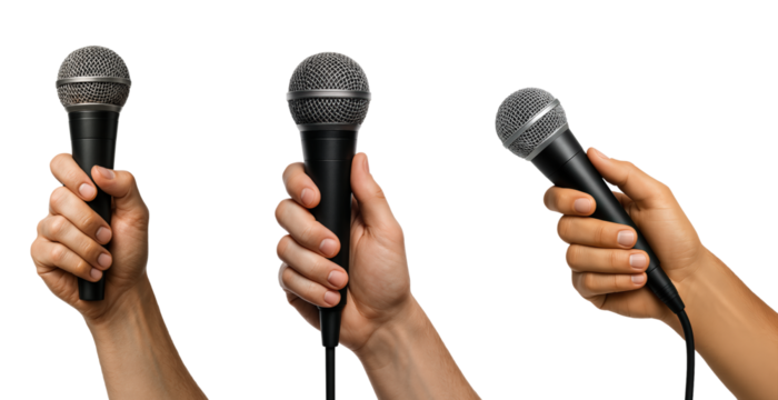 Different Hand Positions Holding Microphones for Singing and Speaking, Dynamic Grip Variations, Isolated on Transparent and White Background