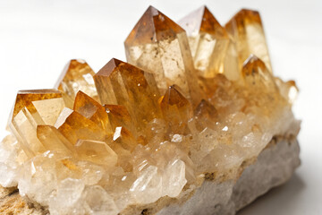 Close-up view of a beautiful cluster of golden citrine quartz crystals on a white background.