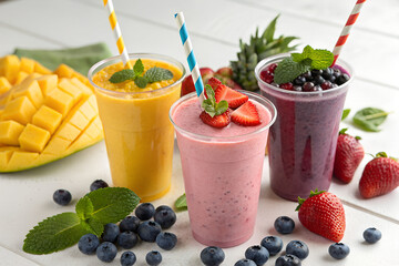 Three vibrant fruit smoothies with fresh mango, strawberries, and blueberries on a white wooden table.