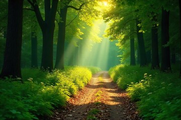 Obraz premium A winding, sun-dappled path leads through a verdant forest, evocative of a journey of heritage and legacy The path symbolizes the enduring connection between generations , journey, growth